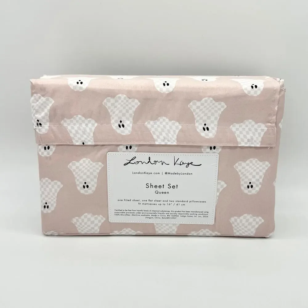 London Kaye Pink & White Checkered Ghost QUEEN Size Halloween Sheet Set New